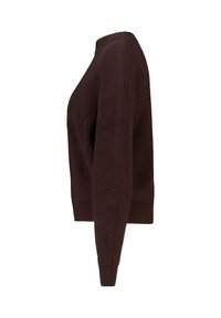 Brown knit sweater with a high neck, long sleeves, and ribbed texture. Features a relaxed fit and a slightly cropped length.