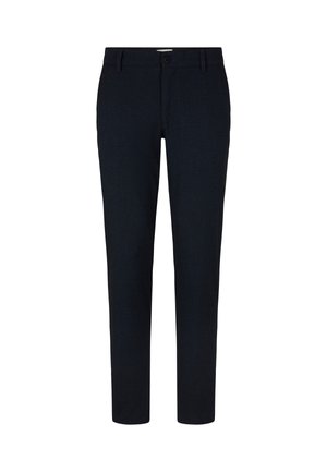 Granatowe spodnie o kroju dopasowanym, wykonane z teksturowanej tkaniny, z zapięciem na guzik oraz standardowym pięciokomorowym designem i prostymi nogawkami.