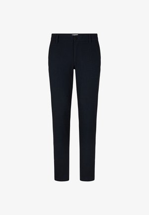 Marineblaue maßgeschneiderte Hose aus strukturiertem Stoff, mit Knopfverschluss und klassischem Fünf-Taschen-Design mit geraden Beinen.