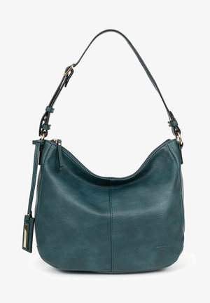 Teal leather hobo bag with a curved top, single shoulder strap, gold hardware accents, and a textured finish. Zippered top for closure.