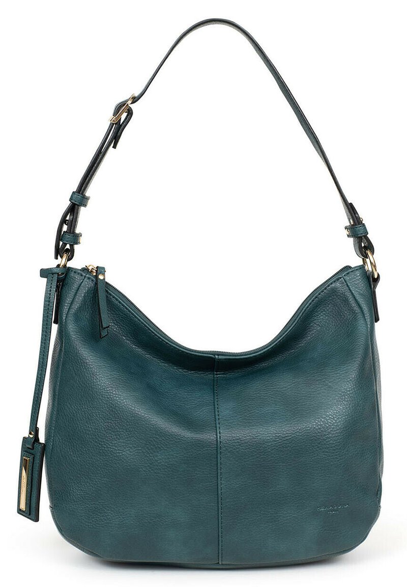 Borsa hobo in pelle verde acqua con parte superiore arrotondata, tracolla singola, dettagli in hardware dorato e finitura testurizzata. Chiusura con zip superiore.