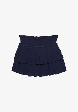 Navy blue tiered skirt with a smocked waistband, featuring soft fabric and a waved hemline. The design includes three layered frills.