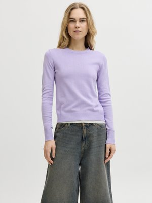 Donna con capelli biondi lunghi che indossa un maglione lavanda a maniche lunghe e jeans larghi in denim grigio scuro, in piedi su uno sfondo chiaro e uniforme.