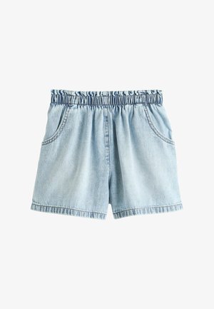 Lyseblå denimshorts med elastisk indsnævret talje og forlommer, vist mod en hvid baggrund.