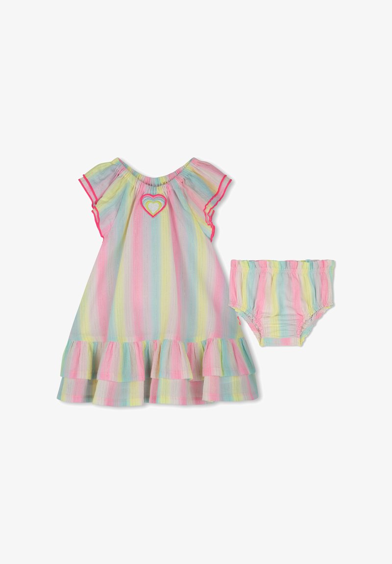 Gestreiftes Kleidungsset mit Pastellfarben, rüschensaum, Rundhalsausschnitt und Herzdetails; inklusive passender Bloomer. Weicher Stoff.