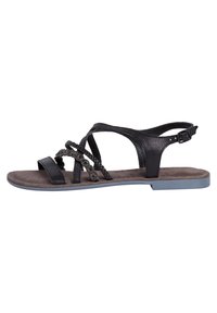 Sandal in pelle nera con multiple cinghie, caratterizzata da un design intrecciato e dettagli decorativi. Sottopiede in morbido marrone e suola esterna azzurra chiara.