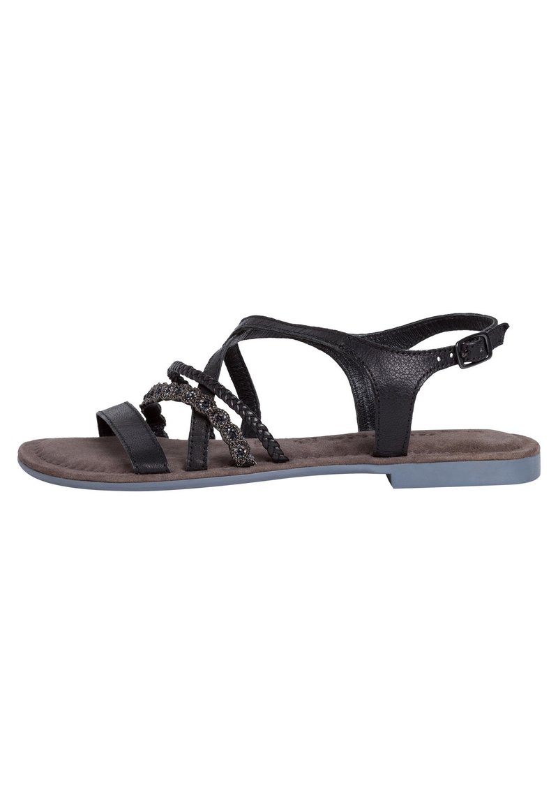 Sandal in pelle nera con multiple cinghie, caratterizzata da un design intrecciato e dettagli decorativi. Sottopiede in morbido marrone e suola esterna azzurra chiara.