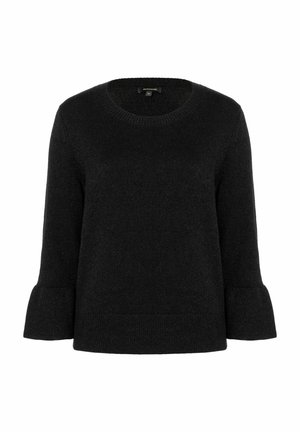 Suéter de punto negro con escote redondo y mangas acampanadas de tres cuartos, simple y de color sólido.