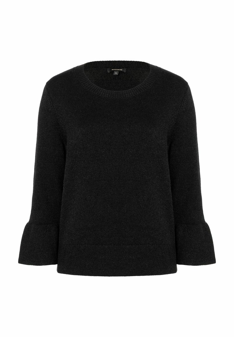 Pull en maille noire avec col rond et manches trois-quarts évasées, simple et uni.