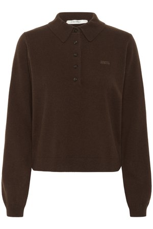 Maglione marrone lavorato a maglia con colletto alla polo, patta con cinque bottoni e logo ricamato. Maniche lunghe con polsini aderenti, design cropped.