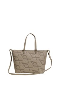 Borsa tote beige con texture geometrica, tracolla regolabile, manici superiori doppi, motivo impresso e forma rettangolare strutturata.