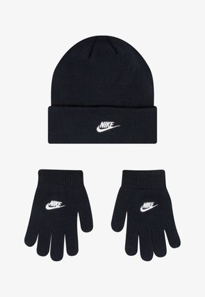 Melnā adīta cepure un cimdu komplekts ar baltu Nike logo. Gluda tekstūra, ribotas maliņas un klasiskas formas, kas piemērotas aukstam laikam.