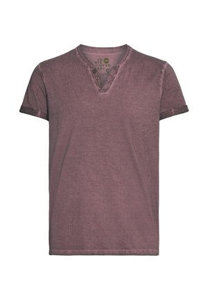 Kurzärmliges V-Ausschnitt-T-Shirt in gedämpftem Mauve. Weicher, strukturierter Stoff mit drei Knöpfen am Kragen. Umgeschlagene Bündchen. Lässiges Design.