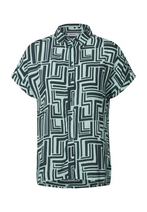 Kurzärmliges Hemd in hellem Mintgrün mit einem geometrischen schwarzen Muster. Mit einer Knopfleiste und einem Kragen ausgestattet. Glatte Stofftextur.