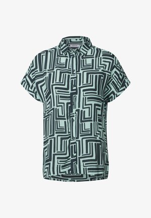 Kurzärmliges Hemd in hellem Mintgrün mit einem geometrischen schwarzen Muster. Mit einer Knopfleiste und einem Kragen ausgestattet. Glatte Stofftextur.