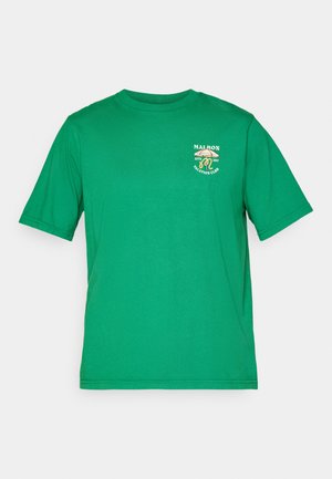 Green short-sleeve T-shirt with small white and orange "Malbon Vacation Club" logo featuring an umbrella and golf clubs on the left chest.