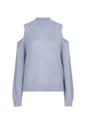 Lichtblauwe trui met een hoge hals en een cold-shoulder ontwerp; heeft lange mouwen en een zachte, textuurstof.