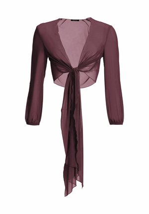 Doorzichtige pruimkleurige cropped top met lange mouwen en een knoop aan de voorkant die overgaat in lange, vloeiende uiteinden.