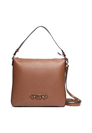 Borsa a tracolla in pelle marrone con texture liscia, forma piatta, tracolla regolabile e dettagli in metallo dorato sulla parte frontale.