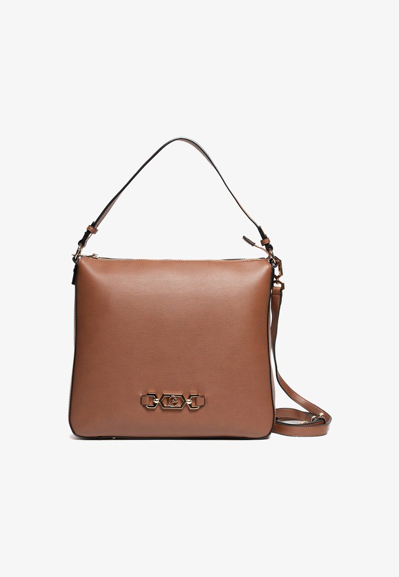 Borsa a tracolla in pelle marrone con texture liscia, forma piatta, tracolla regolabile e dettagli in metallo dorato sulla parte frontale.