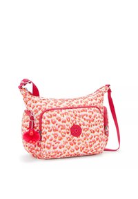 Leopardmönstrad axelväska i rosa och orange nyanser, tillverkad av hållbart material, med en dragkedjeficka och en fluffig apnyckelring.