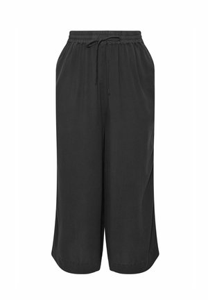 Zwarte wijde cropped broek met elastische tailleband en trekkoord, voorzien van zijzakken en een comfortabele pasvorm.