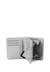 Gray leather wallet with multiple card slots, a zippered compartment, and a polka dot lining. Features a unique closure design.