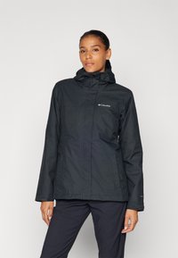 Black waterproof jacket with a hood, zip front, and elastic cuffs, featuring subtle logo detailing on the chest. Smooth texture and fitted design.