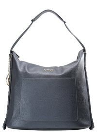 Dark gray leather handbag with a slouchy design, featuring a prominent front pocket, chain accent, and a single shoulder strap.