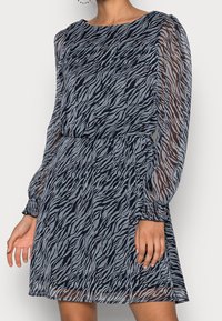Robe à imprimé zèbre en bleu marine et gris clair, avec des manches longues transparentes, une taille froncée et une silhouette décontractée. Texture lisse.