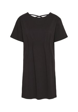 Vestido negro de mangas cortas con corte relajado, que presenta un escote redondo y detalle de cruzado en la parte posterior. Está confeccionado con un tejido ligero.