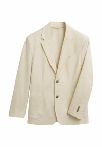 Blazer beige clair en tissu texturé. Comprend un col cranté, deux poches avant, trois boutons et des détails de couture subtils.