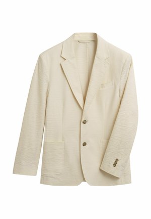 Light beige blazer made of textured fabric. Features a notched lapel, two front pockets, three buttons, and subtle stitching details.