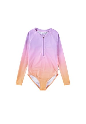 Μακριμάνικο μαγιό σε γκριάντ σωμάν από μωβ έως πορτοκαλί, με μπροστινό φερμουάρ, μαλακό ύφασμα και στενή εφαρμογή στο κορσέ με σχέδιο υψηλής κοπής στα πόδια.