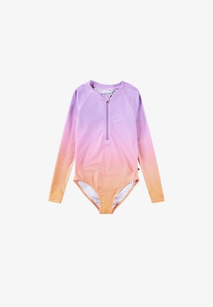 Kostium kąpielowy z długim rękawem w gradientowych odcieniach fioletu i pomarańczu, z suwakiem z przodu, miękkim materiałem oraz dopasowanym fasonem z wysokim wycięciem na nogi.