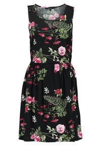 Svart klänning med blommönster som har rosa och gröna blommor. Ärmlös design med en draperad midja för en avslappnad passform.
