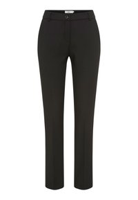Pantaloni neri su misura con design a gamba dritta, dotati di chiusura a bottone, passanti per la cintura e una texture di tessuto liscia.