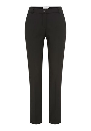 Pantaloni neri su misura con design a gamba dritta, dotati di chiusura a bottone, passanti per la cintura e una texture di tessuto liscia.