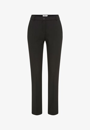 Schwarze maßgeschneiderte Hose mit geradem Bein, ausgestattet mit einem Knopfverschluss, Gürtelschlaufen und einer glatten Stofftextur.