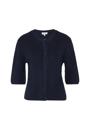 Dunkelmarineblauer Strick-Cardigan mit kurzen Ärmeln, rundem Ausschnitt und fünf Knöpfen vorne, auf weißem Hintergrund präsentiert.