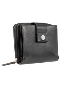 Portafoglio in pelle nera con una finitura testurizzata, dotato di chiusura a scatto e scomparto con zip. Forma rettangolare compatta con slot per carte all'interno.
