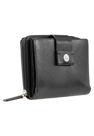 Black leather wallet with a textured finish, featuring a snap closure and zippered compartment. Compact rectangular shape with card slots inside.