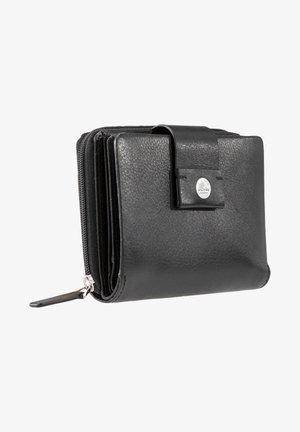 Black leather wallet with a textured finish, featuring a snap closure and zippered compartment. Compact rectangular shape with card slots inside.