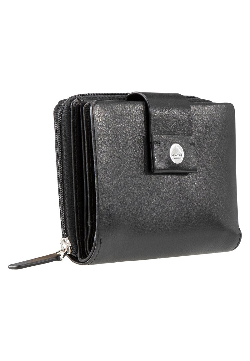 Portafoglio in pelle nera con una finitura testurizzata, dotato di chiusura a scatto e scomparto con zip. Forma rettangolare compatta con slot per carte all'interno.