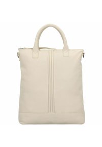 Bolso de cuero beige claro con dos asas superiores, detalles de costura vertical y un diseño minimalista. Presenta una textura suave y forma rectangular.