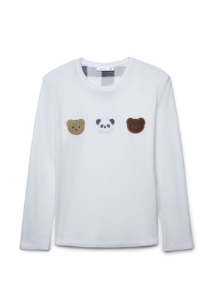 Camicia bianca a maniche lunghe con tre facce di animali in feltro applicate: un orso color sabbia, un panda e un orso marrone scuro. Collo arrotondato e texture morbida.