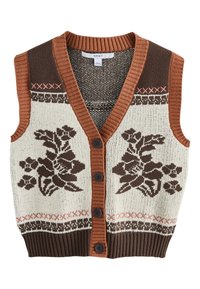 Sleeveless knit vest with brown buttons, rust-colored trim, and floral patterns in brown on cream background.