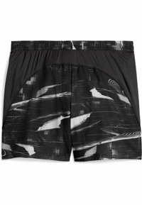 Schwarz- und graumusterte Badebermuda mit einem Netzbund, Seitenpaneelen und einem dynamischen, abstrakten Design mit glatten Texturen.