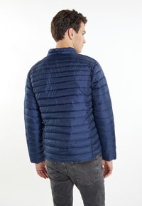Giubbotto imbottito blu navy con design a cuciture verticali, colletto alto e texture liscia, abbinato a jeans grigi. Vista posteriore mostrata.