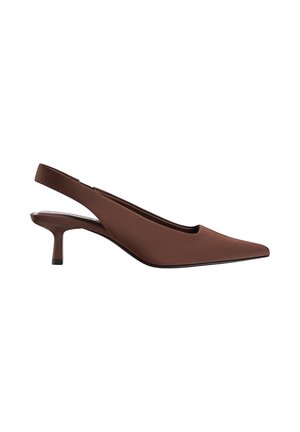 Brown slingback heel shoe with a pointed toe, smooth texture, slender mid-height heel, and minimalist design.